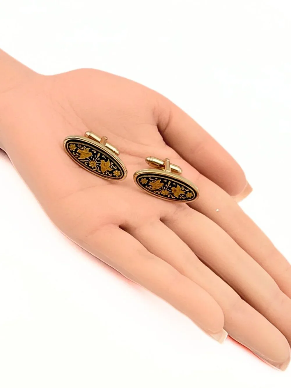 Anson Signed Damascene Toledo Vintage Elongated Gold Plated Cufflinks